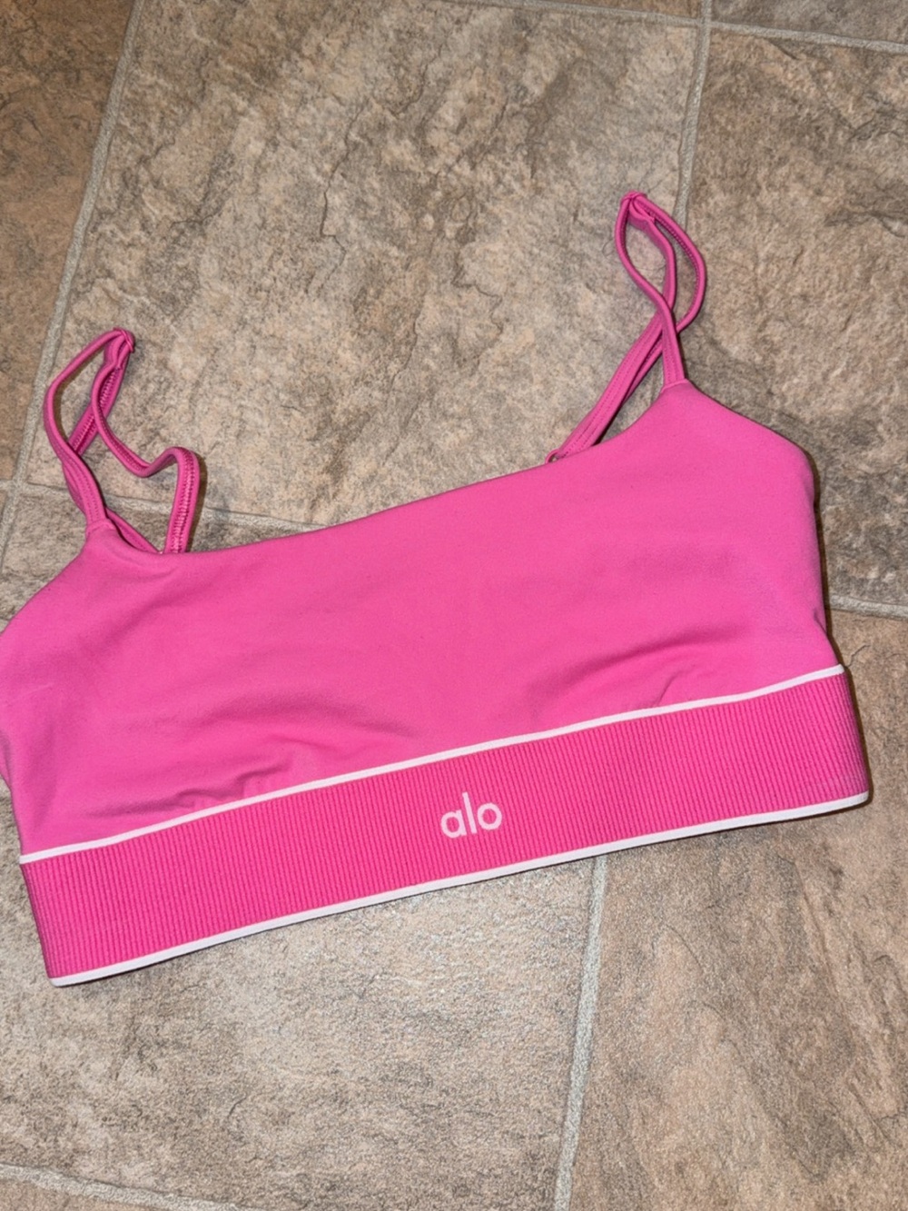 ALO Yoga Bright Pink Ribbed Band Sports Bra with White Trim